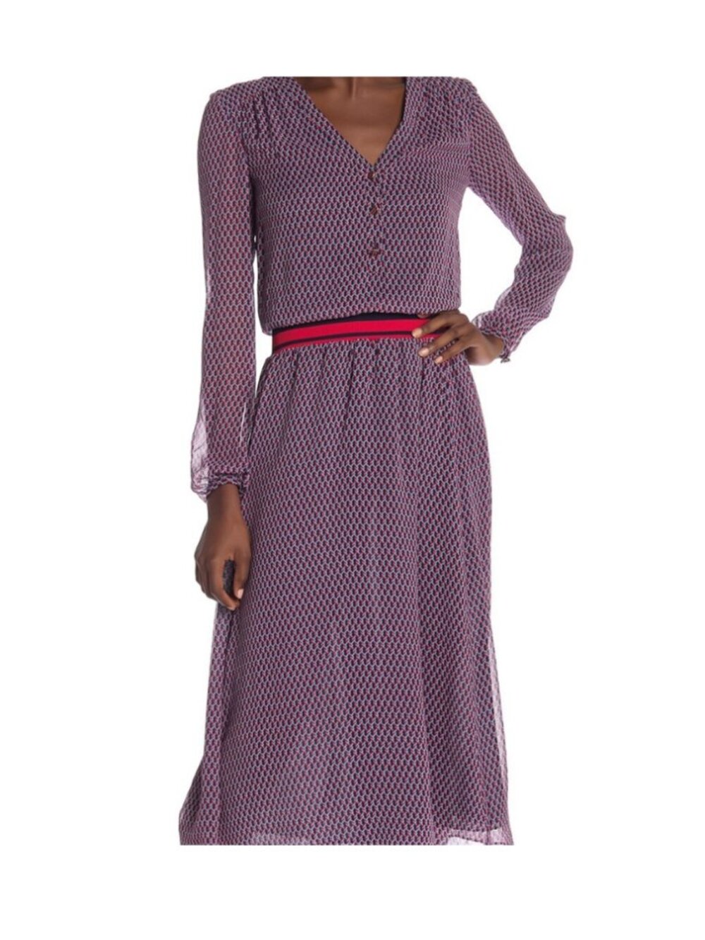 Tory Burch Velma Silk Crepe Printed Jersey-Trim V-Neck Midi Dress Size 2